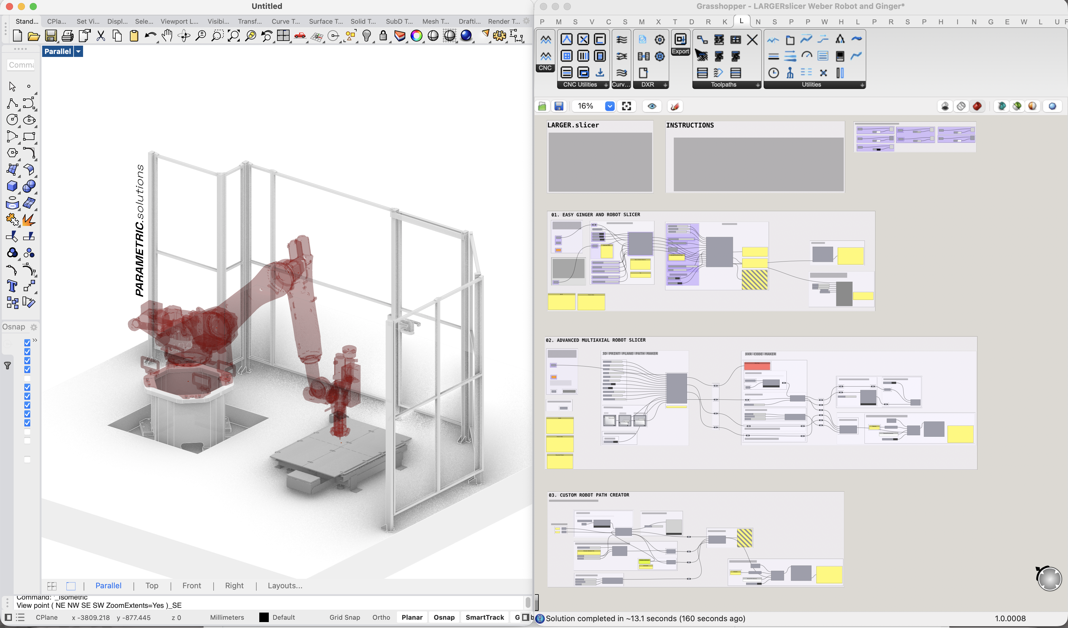 LARGER.slicer in Rhino and Grasshopper with KUKA robot cell preview