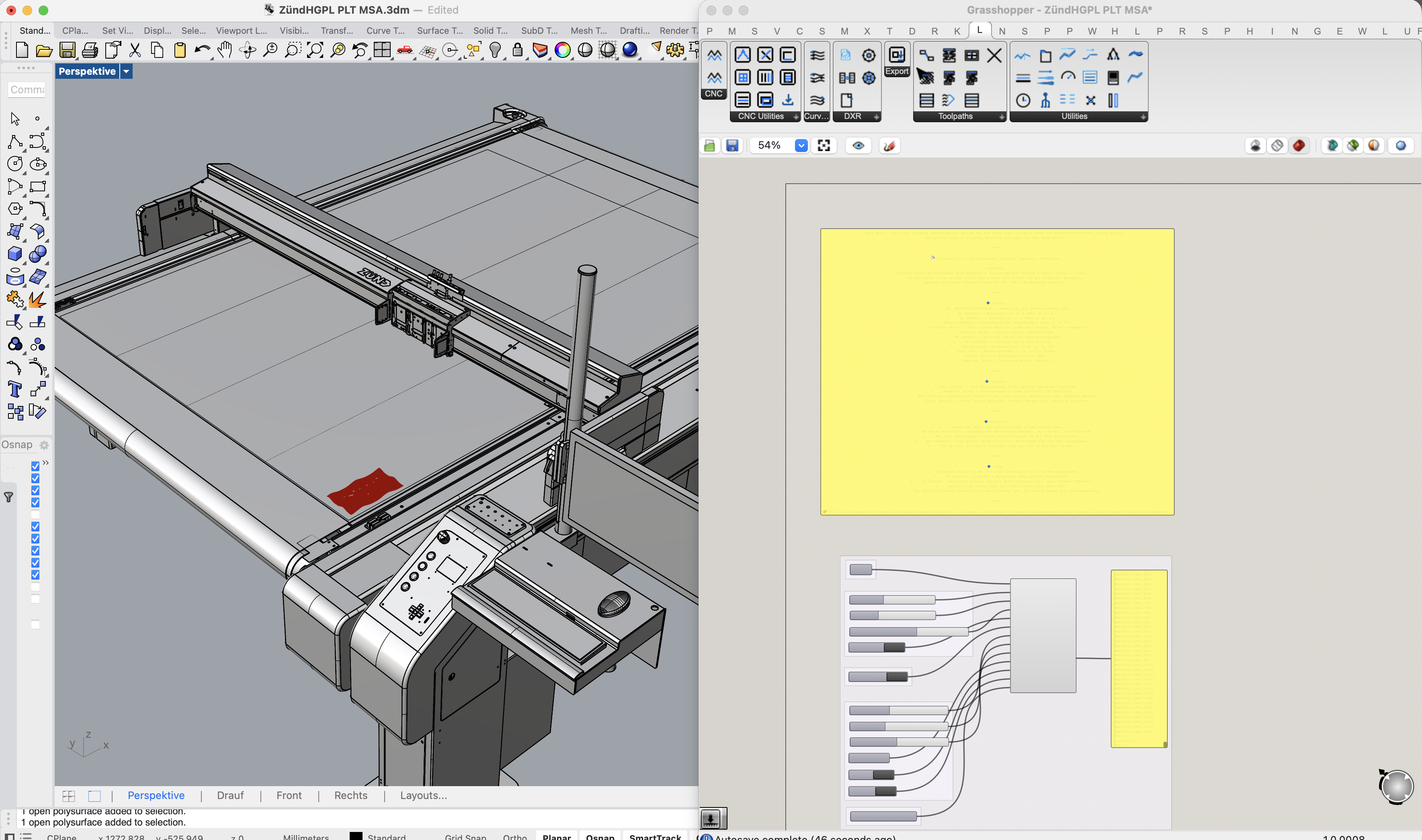 Zünd G3 L-2500 modelled in Rhino next to the LARGER.slicer Grasshopper definition
