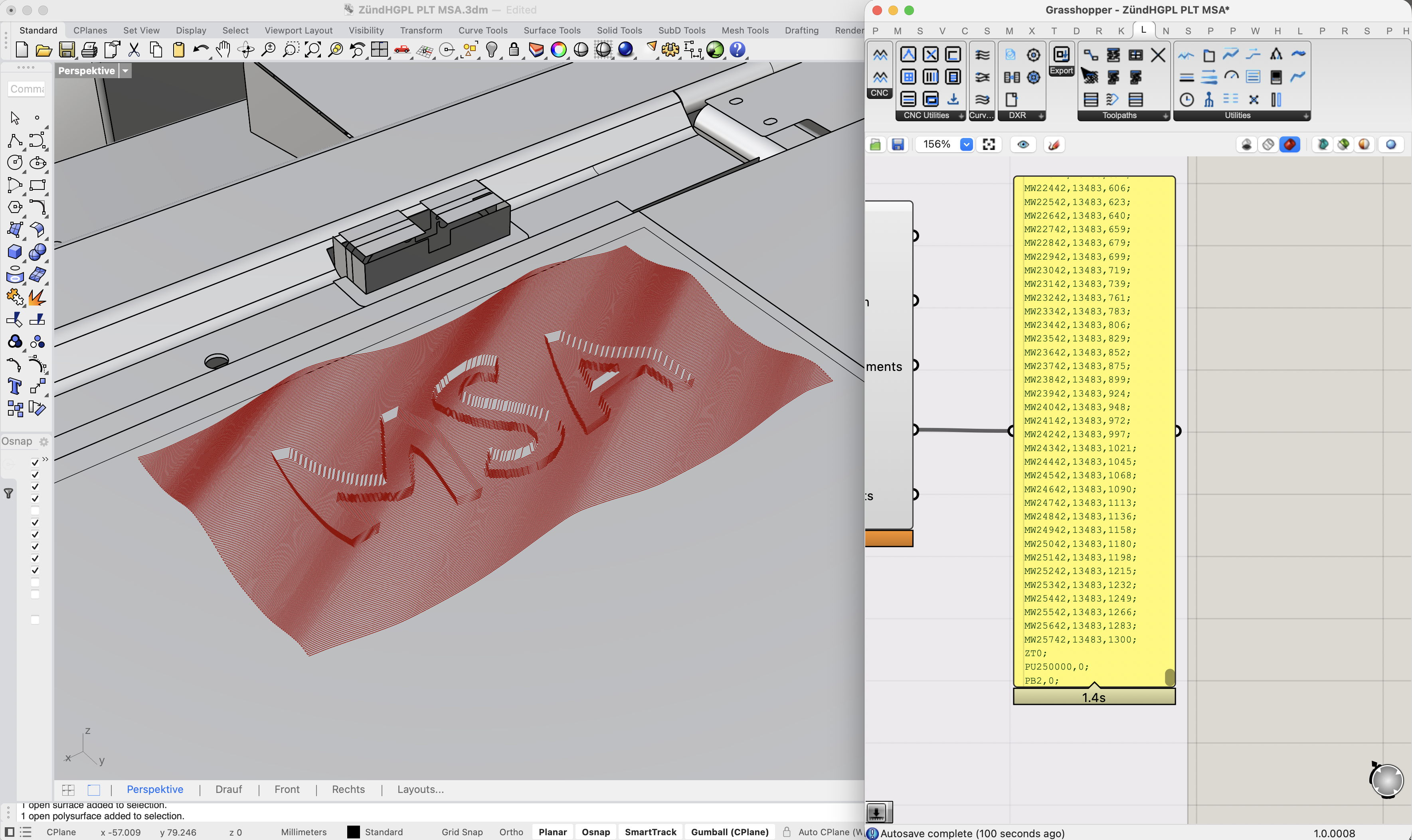 Zigzag 3D milling toolpath of an MSA relief in Rhino with the generated HPGL code in Grasshopper
