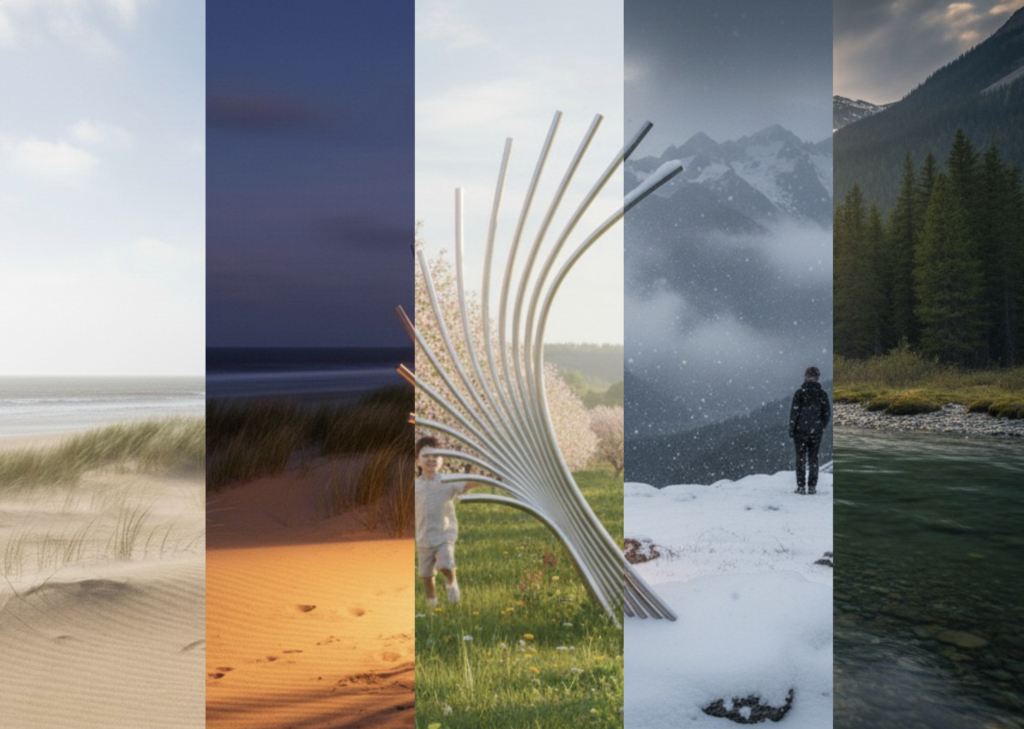 Aeolian Harp: mood board with a wind sculpture in five landscapes