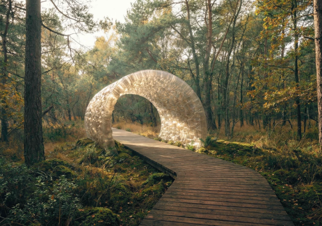 Lichtpfad: textured light tunnel over a boardwalk in the Venner Moor (rendering)