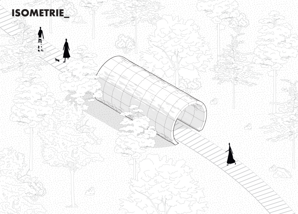 Lichtpfad: isometric line drawing of the tunnel in the forest