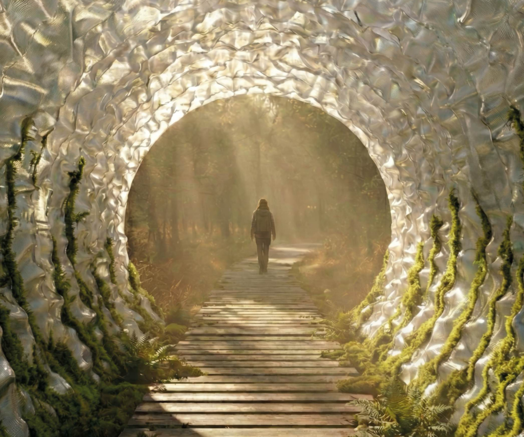 Lichtpfad: view through the bark-textured tunnel (rendering)