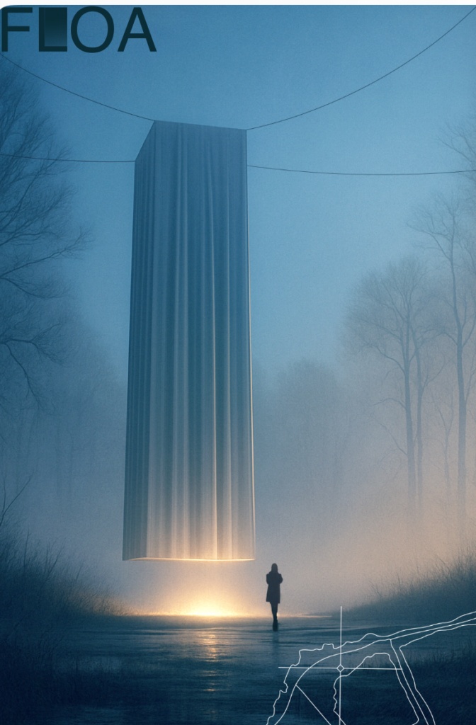 FLOA: floating fabric body above the moor at dusk (rendering)