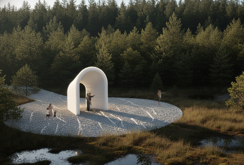 Sakraler Bogen: white arch on a gravel platform in the Venner Moor (rendering)