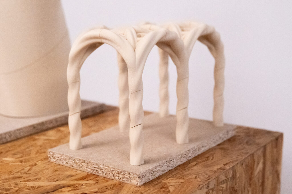 Close-up of a 3D-printed vault with twisted columns