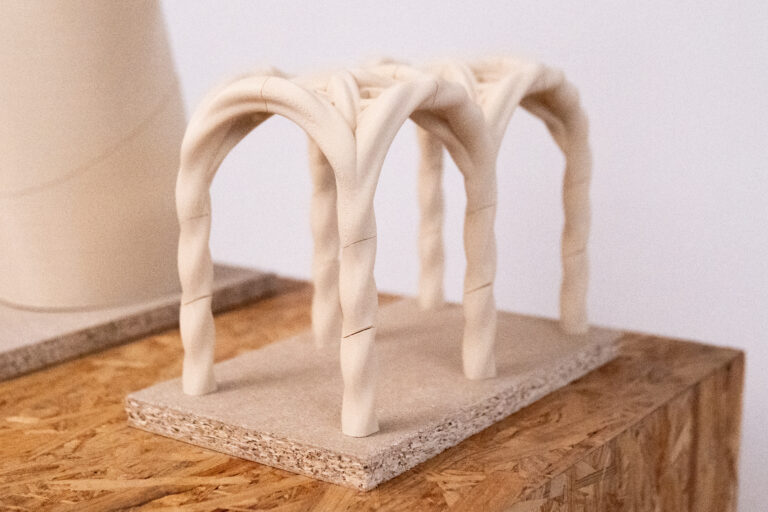 Close-up of a 3D-printed vault with twisted columns