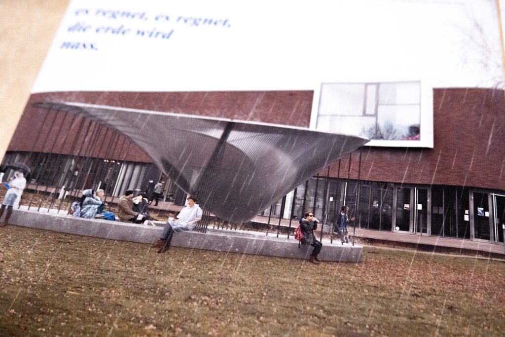 Visualisation of a funnel-shaped pavilion in front of the MSA building